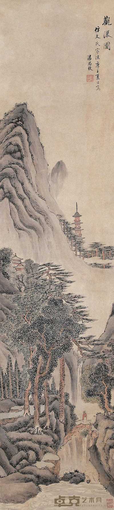 潘思牧 1840年作 观瀑图 立轴 128.5×29cm